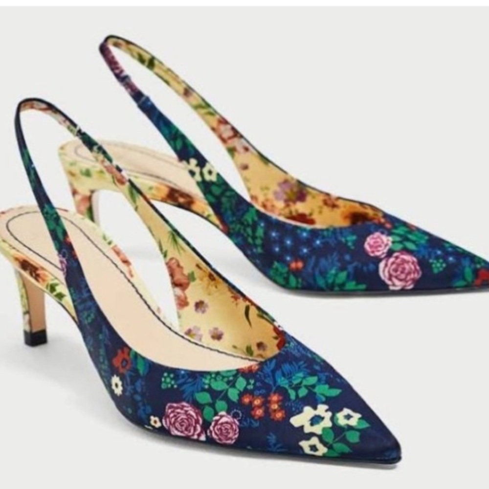 Zara Slingback Floral Satin Kitten Heels Sz 9/39